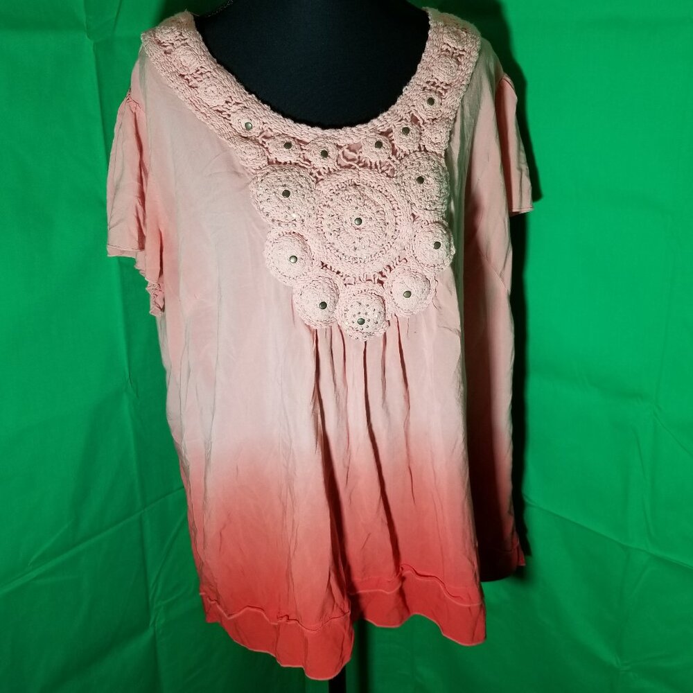 Dressbarn Womens Plus Size 1X Coral Blouse Crocheted Stud Accent Boho Peasant